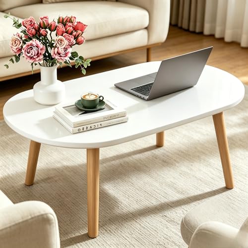 Coffee Table, 31.5" Modern Low Table with Solid Wood Legs, Floor Table Desk for Sitting on The Floor, Easy Assembly Small Space Coffee Table for Living Room, Apartment, Office (Large White) - color: 31.5"l Oval White