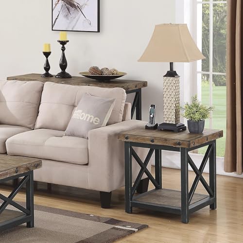 Flexsteel Craftsman Solid Acacia Wood End Table, Rustic Industrial with Lower Shelf, Hand Worked Metal Frame, Distressed Side Table Living Room Furniture, Farmhouse Nightstand (Light Brown)