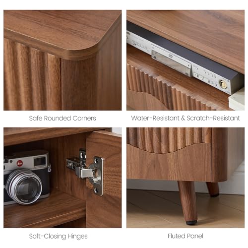 BERRYMERRY Walnut 62.2” Fluted Wave TV Stand for TVs up to 75” | drawer,open shelf,cabinet,round corner,entertainment center,tv console,cable manage,wood