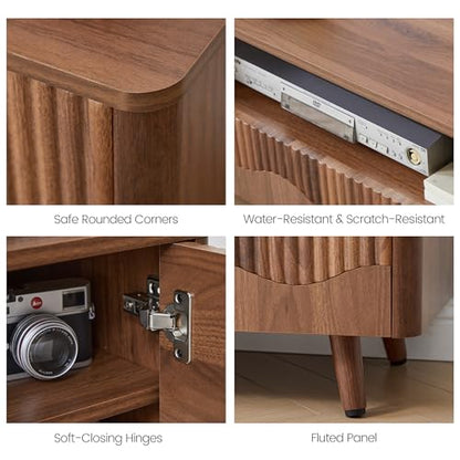 BERRYMERRY Walnut 62.2” Fluted Wave TV Stand for TVs up to 75” | drawer,open shelf,cabinet,round corner,entertainment center,tv console,cable manage,wood