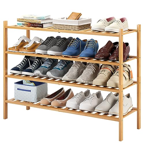 Long Shoe Rack, 4-Tier Bamboo Stackable Shoe Shelf Storage Organizer, Shoe Stand for Closet, Entryway and Hallway - color: Natural, size: 4-Tier-Long