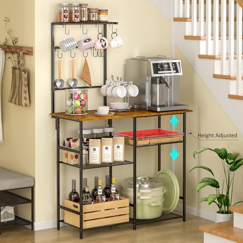 3IngSeagulls Baker's Rack for Kitchen with Storage, Microwave Stand with Adjustable Shelves and 10 S Hooks, 6-Tier Coffee Bar Station, Kitchen Shelves for Spices, Pots, Rustic Brown - color: Brown