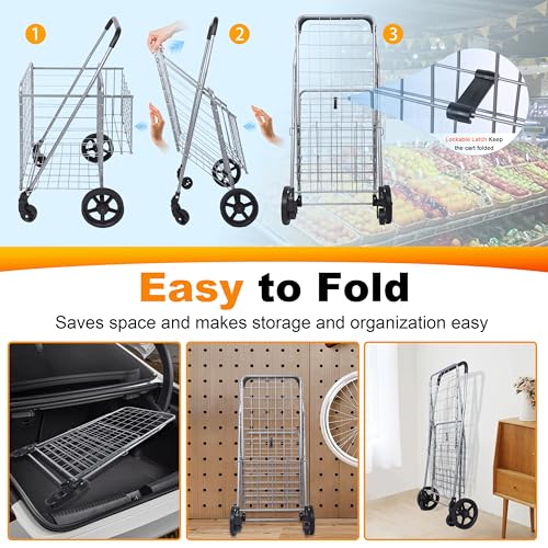 Whitmor Utility Folding Shopping Cart, 115L Heavy Duty Grocery Cart with Double Basket, 360° Swivel Wheels, Foldable Rolling Utility Trolley, 110 Lbs Capacity for Grocery, Laundry, Travel, Sliver - size: 21.29"L x 21.65"W x 36.2"H, Sliver