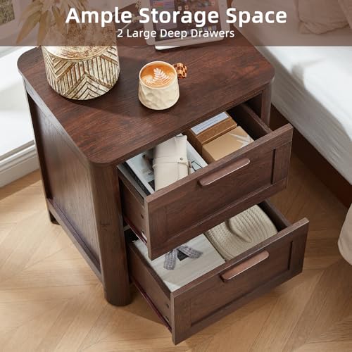 Joaxswe Farmhouse Night Stand with Charging Station, End Tables Bedroom with 2 Large Drawers & 4 Thickened Table Legs, Walnut - color: Walnut, size: 16"D x 19.7"W x 23.6"H (2 Drawers)