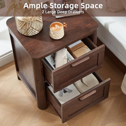 Joaxswe Farmhouse Night Stand with Charging Station, End Tables Bedroom with 2 Large Drawers & 4 Thickened Table Legs, Walnut - color: Walnut, size: 16"D x 19.7"W x 23.6"H (2 Drawers)