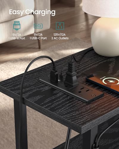 SONGMICS Side Table, Nightstand with Charging Station, End Table with LED Lighting, 2 Drawers, for Living Room, Bedroom, Set of 2, Ink Black, BELLAH Collection ULGS012B101 - color: Ink Black, size: 2 Pack (8.5"D x 18.1"W x 23.8"H)