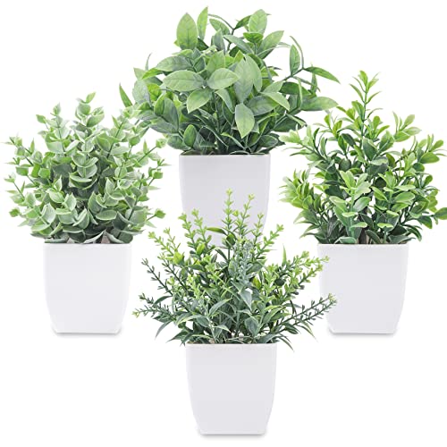 Der Rose 4 Pack Mini Fake Plants, Artificial Plants for Bathroom Home Decor | Frosted eucalyptus look, easy-care artificial greenery, for desk shelf windowsill office tabletop dorm and classroom decor - color: Grey