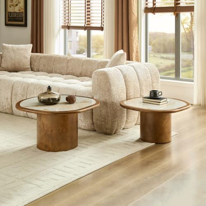 Curved Round Coffee Table Set of 2 with Sintered Stone Tabletop for Living Room, Modern Mid-Century Retro Pedestal Nesting Coffee Table, Burl Wood Veneer, Walnut, 2-Pcs - color: 2-pcs-walnut