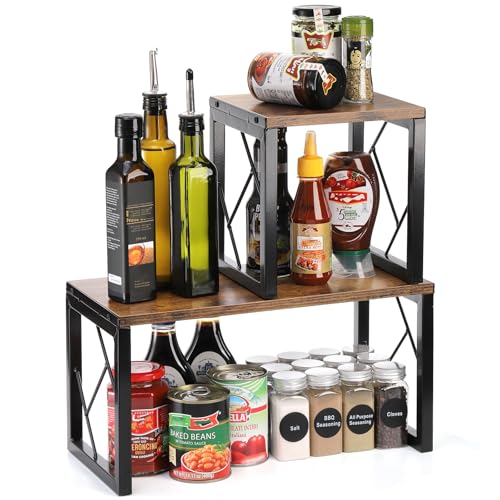 TOPZEA Desktop Shelf, Rustic Wood Small Freestanding Bookshelf Organizer Vintage Desk Shelving Stand, 2 Tier Stackable Office Storage Open Rack Hutch Kitchen Counter Display Shelves, Upgrade