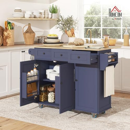 HOMCOM Rolling Kitchen Island with Power Outlet and Drop Leaf, 53" Island Table with Wood Top, 3 Drawers, Adjustable Shelf, Spice & Towel Rack, Kitchen Cart on Wheels, Dark Blue