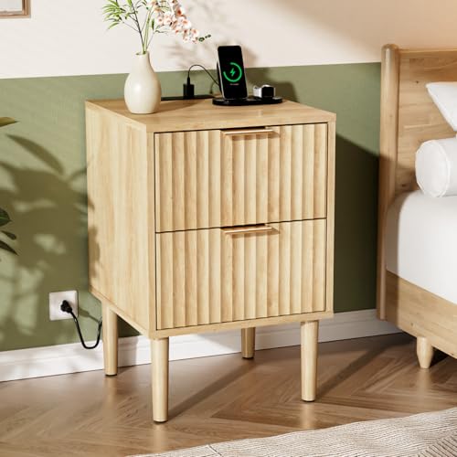 VINGLI Nightstand with Charging Station, Fluted Nightstand with Drawers, Wood Night Stand for Bedroom, Fluted Bedside Table/End Table/Side Table, Oak, 15.75" W*15.55" D*23.62" H - color: Oak, size: 15.7"W-2 Drawer