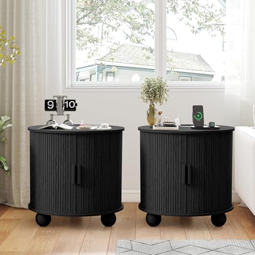 24" Fluted Round Nightstand Set of 2, Mid-Century Large Wooden End Table with Charging Station, Modern Storage Side Table with Sliding Door for Bedroom Living Room (2XRound, Black) - color: Black, size: 24"-Round