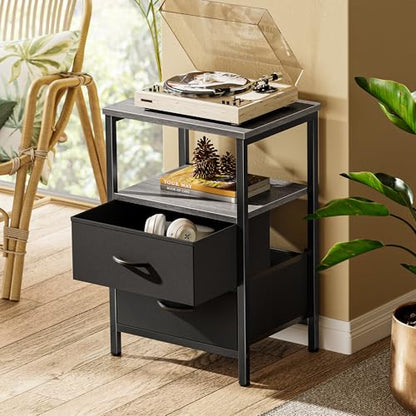 Huuger Night Stand with 2 Drawers, Bed Side Table with Open Shelf, Wooden Top, Nightstand for Bedroom, End Table for Small Space, Fabric Drawer, Grey - color: Gray and Black