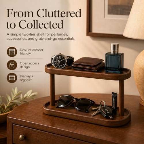 Adkoat® Two Tier Bathroom Desktop Countertop Organizer - Pine Wooden Perfume Vanity Stand Counter Shelf for Cologne Skincare Makeup Dresser Organizer - Matcha Station | Mug Display - 12.6 x 6.3 x 7.5
