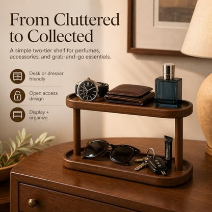 Adkoat® Two Tier Bathroom Desktop Countertop Organizer - Pine Wooden Perfume Vanity Stand Counter Shelf for Cologne Skincare Makeup Dresser Organizer - Matcha Station | Mug Display - 12.6 x 6.3 x 7.5