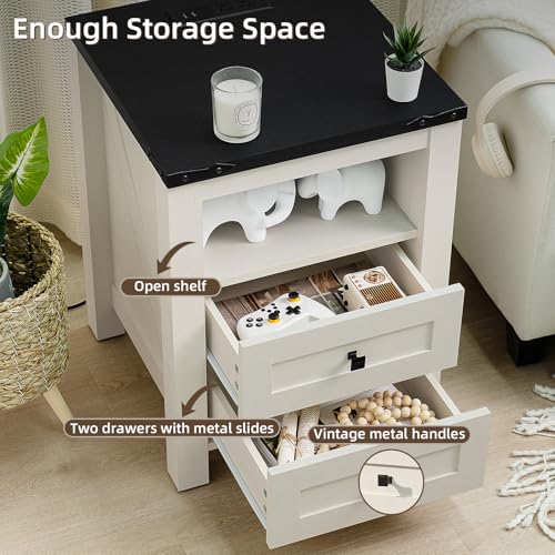 Joaxswe Night Stands with Charging Station Set of 2, Farmhouse Nightstand, White Wooden Bedside End Tables with 2 Drawers and Open Shelf, Bed Side Table for Bedroom, Living Room, Closet, Office - color: White, size: 2 pack