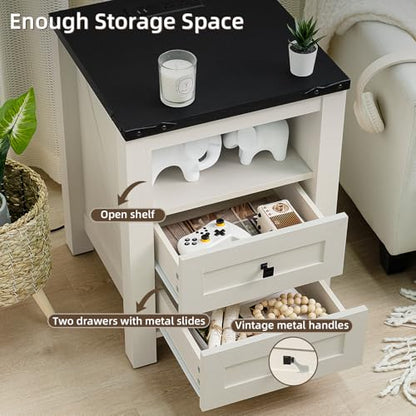 Joaxswe Night Stands with Charging Station Set of 2, Farmhouse Nightstand, White Wooden Bedside End Tables with 2 Drawers and Open Shelf, Bed Side Table for Bedroom, Living Room, Closet, Office - color: White, size: 2 pack