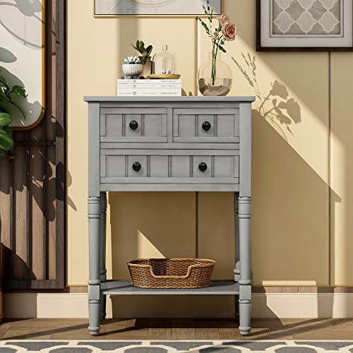 MTHOUSE Solid Wood Narrow Console Table, Entryway Table for Hallway & Living Room, Slim Sofa Table with 3 Drawers & Shelf, Easy Assembly Storage Furniture (Gray Wash) - color: Gray Wash