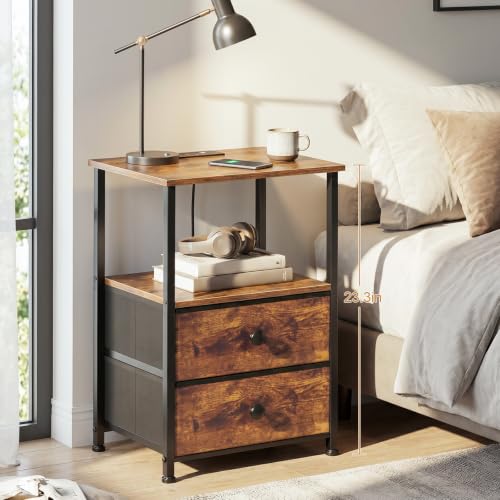 LOAKEKEL Night Stand, Nightstands Set of 2 with Charging Station | Bedside Table with 2 Fabric Drawers for Bedroom, End Tables with Storage Shelf for Small Spaces, Rustic Brown - color: Rustic Brown, style: Power