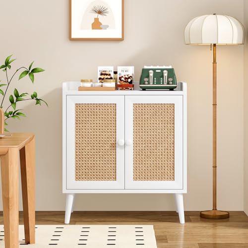 Farini Sideboard Buffet Cabinet,Bar Liquor Cabinet with Rattan Decorated Doors, Credenza Console Table for Dining Room, Living Room,Hallway,White - color: White, size: 26.4 inch-Doors