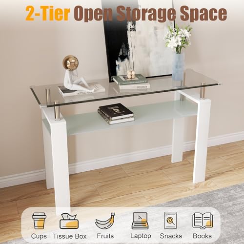 47" 2-Tier Console Table with Tempered Glass Top and MDF Frame, Modern White Rectangular Glass Entryway Table for Living Room, Apartment, Office, Easy to Assemble - color: White, size: Console Table