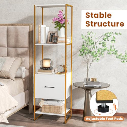 Giantex 4-Tier Bookshelf with Drawer Set of 2, Narrow Bookcase w/ 4 Open Shelves & Metal Frame, Modern Storage Organizer Shelving Unit, Freestanding Display Rack for Bedroom Living Room - color: White+gold