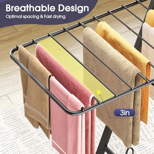 Clothes Drying Rack, 67.7" L Height Adjustable, Foldable, Black | 1.5"Folded, No Assembly, Space-Saving, Spacious Design, Adjustable Wings, Clips, Mesh Shelf, Shoe Rack, Indoor & Outdoor Use - color: Black