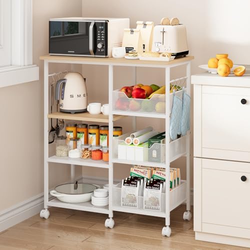 SWTYMIKI Kitchen Island Cart on Wheels - 28.35x14.57in Rolling Kitchen Table Cart with Storage Shelves, 6 Removable Hooks& Locking Casters, Coffee Bar Cabinet for Dining Room Pantry Office, White - size: 28x14.57in, style: White