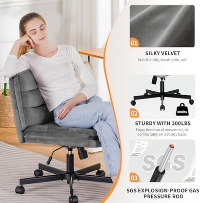 COMHOMA Cross Legged Office Chair with Wheels Armless-Office Desk Chair, Modern Vanity Computer Task Chairs for Home Bedroom, Comfortable Wide Seat for Lower Back Pain Relief, Soft Velvet, Gray - color: Gray Velvet