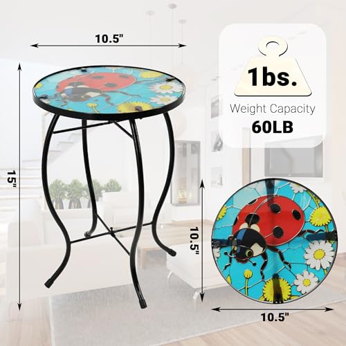Small Side Table with Metal Frame, 10.5" Round Side Tables with Seven-Spotted Ladybug Pattern,Outdoor Table for Balcony,Terrace,Garden,Living Room - color: Seven-spotted Ladybug