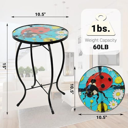 Small Side Table with Metal Frame, 10.5" Round Side Tables with Seven-Spotted Ladybug Pattern,Outdoor Table for Balcony,Terrace,Garden,Living Room - color: Seven-spotted Ladybug