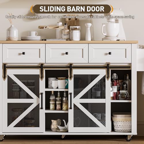 Kitchen Island with Storage, 55" Kitchen Cart with Charging Station, Rolling Kitchen Island Table with Drop-Leaf, 3 Drawers, Barn Doors, Towel Rack and Spice Rack, White and Natural - color: White + Natural