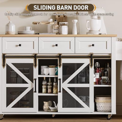 Kitchen Island with Storage, 55" Kitchen Cart with Charging Station, Rolling Kitchen Island Table with Drop-Leaf, 3 Drawers, Barn Doors, Towel Rack and Spice Rack, White and Natural - color: White + Natural