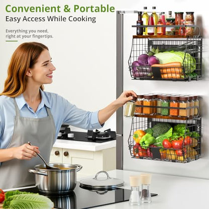 Magnetic Shelf for Fridge with Wood Top & Produce Basket – 2-in-1 Magnetic Spice Rack for Refrigerator – Space-Saving Kitchen Organizer for Fruits, Potatoes, and Onions (with Hooks) - size: 2pcs