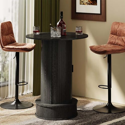 Round Bar Table with 2-Tier Hidden Storage, 38.1" H Wood High Top Table, Bistro Pub Table with Footrest, Cocktail Tables for Coffee Bar, Kitchen Dining Room, Small Space (Black) - color: Black