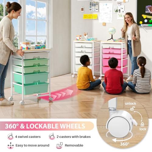 Goovilla Rolling Cart with Drawers, Utility Cart Organizer with 5 Removable Drawers and Wooden Tabletop, Lockable Rolling Storage Organizer for Art, Classroom, Home, Dorm, Office, Craft Storage, Pink - size: Pink