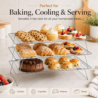 Cooling Rack 16"x10", 3-Tier Stackable & Collapsible Cooling Racks | Cooling Racks for Cooking and Baking, Roasting, Grilling, Oven & Dishwasher Safe (Silver, 3-Tier) - color: Silver, size: 3-Tier
