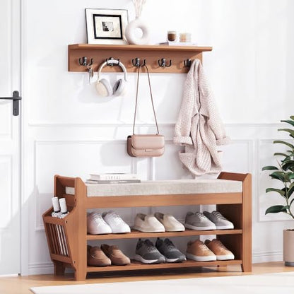 PETKABOO 31.5" Shoe Bench with Coat Rack Hidden Drawer and Side Holder, 2 Tier Entryway Bench with Storage 39.4 in, Bamboo Shoe Rack with Cushion for Entryway Hallway Living Room Bedroom - size: 31.5 in with Hook