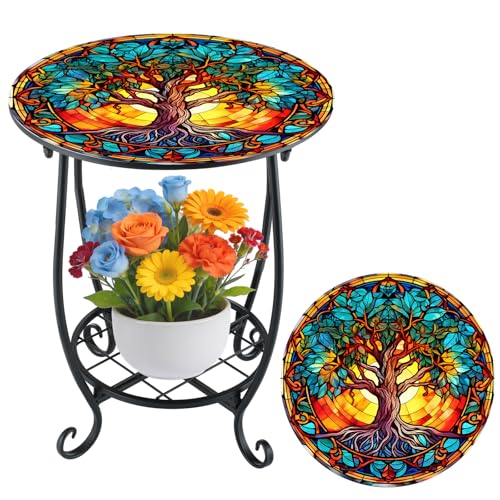 Cinnvoice Outdoor Side Table Round Small Mosaic Patio Accent Indoor End Plant Coffee Tea Table for Yard Patio Porch Garden Living Room, Bedroom(Tree of Life Style,12 Inch) - size: 12 Inch, style: Tree of Life Style