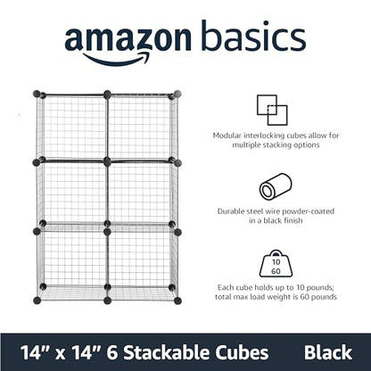 Amazon Basics 6 Cube Wire Grid Storage Organizer, Stackable Cubes, Cubby Bookcase, Display Shelf, 14" D x 14" W x 14" H, Black - color: Black