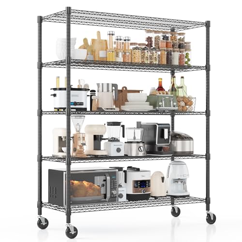 Homdox Heavy Duty Storage Shelves, 5 Tier Wire Shelving Unit with Wheels, Commercial Adjustable Metal Shelves for Storage, Garage Rack Pantry Shelves Kitchen Shelving, 18"x48"x82", Black - color: Black, size: 18"Dx 48"Wx 82"H, 5 Tier
