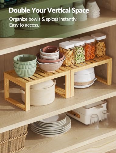 Tomorotec Bamboo Cabinet Shelf, 2 Pcs Kitchen Counter Shelf, Space-Saving Cabinet Organizer for Kitchen, Bathroom and Desk, Multifunctional Storage Rack for Spices, Cans, Toiletries and Stationery