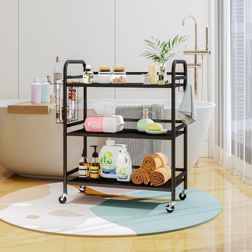 HDANI 3 Tier Metal Rolling Utility Cart,High Capacity Multi Purpose Heavy Duty Cart for Office,Kitchen,Living Room,Bedroom,Black - color: Black, size: Large with Basket
