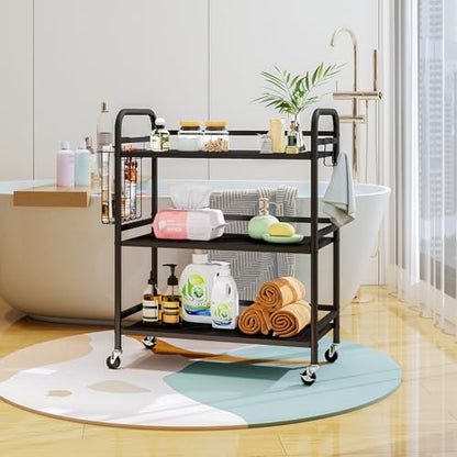 HDANI 3 Tier Metal Rolling Utility Cart,High Capacity Multi Purpose Heavy Duty Cart for Office,Kitchen,Living Room,Bedroom,Black - color: Black, size: Large with Basket