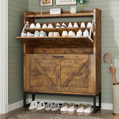 GRUSIGN Shoe Cabinet, Shoe Storage Cabinet with 2 Flip Drawers & Adjustable Shelf, Space-Saving Shoe Organizer – Holds 16+ Pairs, Narrow Shoe Cabinet Storage for Entryway/Hallway（Brown） - color: Brown