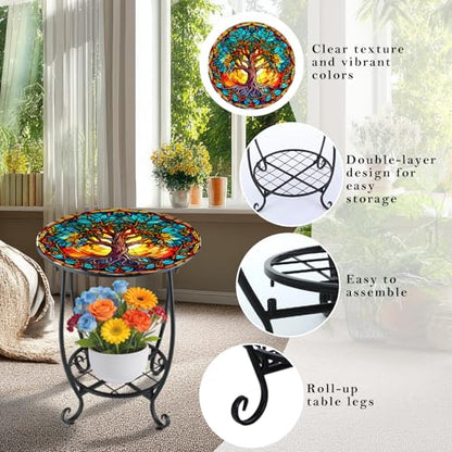 Cinnvoice Outdoor Side Table Round Small Mosaic Patio Accent Indoor End Plant Coffee Tea Table for Yard Patio Porch Garden Living Room, Bedroom(Tree of Life Style,12 Inch) - size: 12 Inch, style: Tree of Life Style