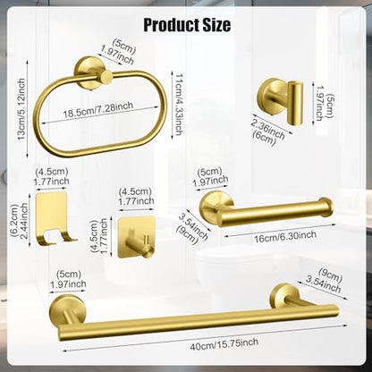 Bathroom Hardware Set, 7 Pcs Bathroom Towel Rack Stainless Steel Bath Hardware Kit Including 16" Hand Towel Bars, Toilet Paper Holders, Towel Rings, Robe Towel Hooks (Gold) - color: 7pcs-gold