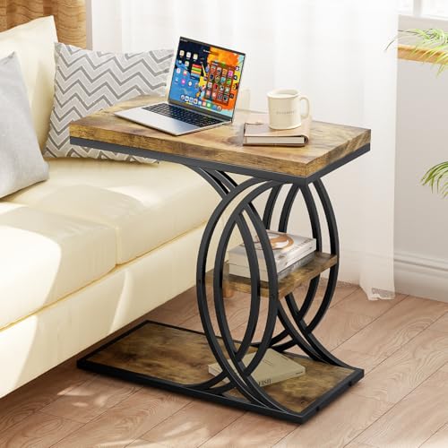 C Shaped End Table, Bed Side Table, 3-Tier Side Table with Metal Frame, Wood End Table with Storage for Living Room, Couch, Sofa, Bedroom, Easy Assembly, 23.6" D*11.8" W*23.6" H, Rustic Brown