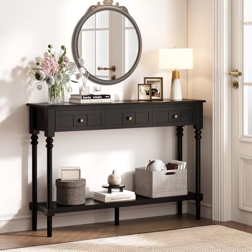 JOINICE Console Tables with Drawers,43" Entryway Table with Shelf and Solid Wood Legs,Narrow Long Sofa Table with Storage, Wood Foyer Tables for Entryway,Living Room,Hallway,Black - color: Black