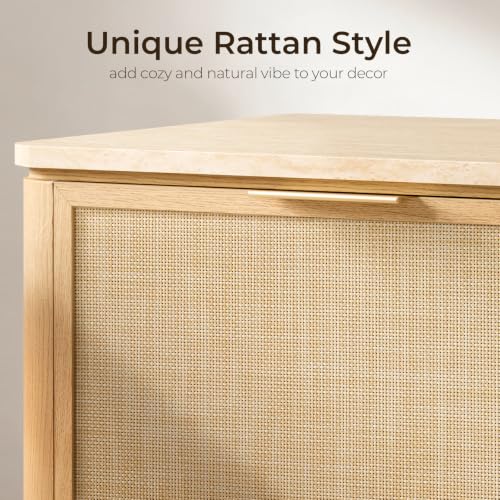 Night Stand, 23.11" W Rattan Nightstand with 2 Drawers, Faux Marble Top Bedside Table, Boho Mid Century End Table for Bedroom Living Room Sofa Office, Natural Oak [FSC Certified] - color: Natural Oak, size: 15.63"D x 23.11"W x 23.94"H（2 Drawer）